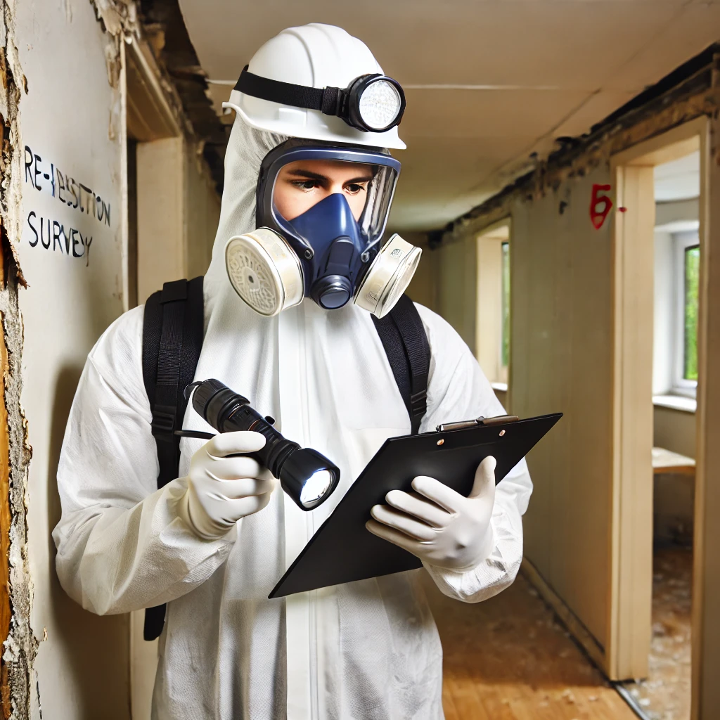 A professional conducting a re-inspection asbestos survey, wearing clean and professional protective gear including a helmet, gloves, and a respirator