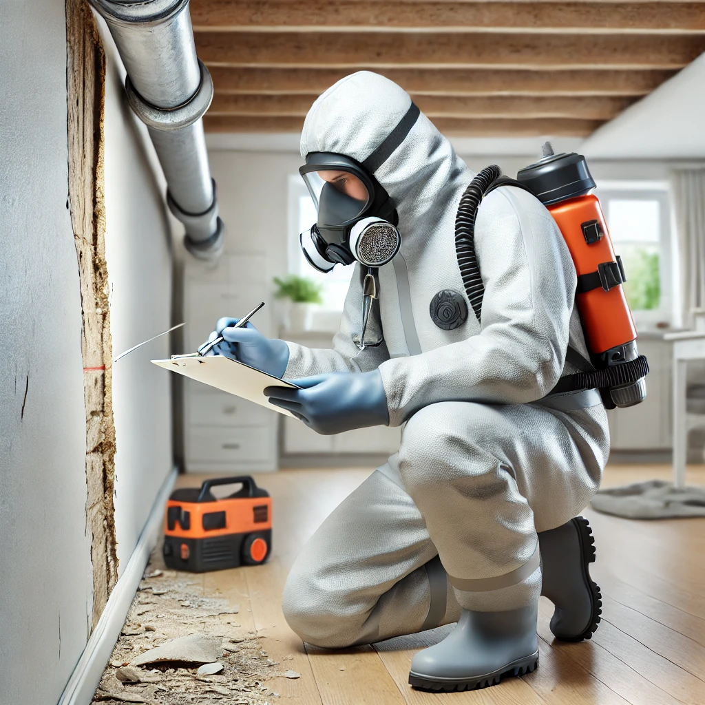 A realistic scene showing an asbestos surveyor conducting an inspection in a property. The surveyor is wearing protective gear, including a helmet, gl