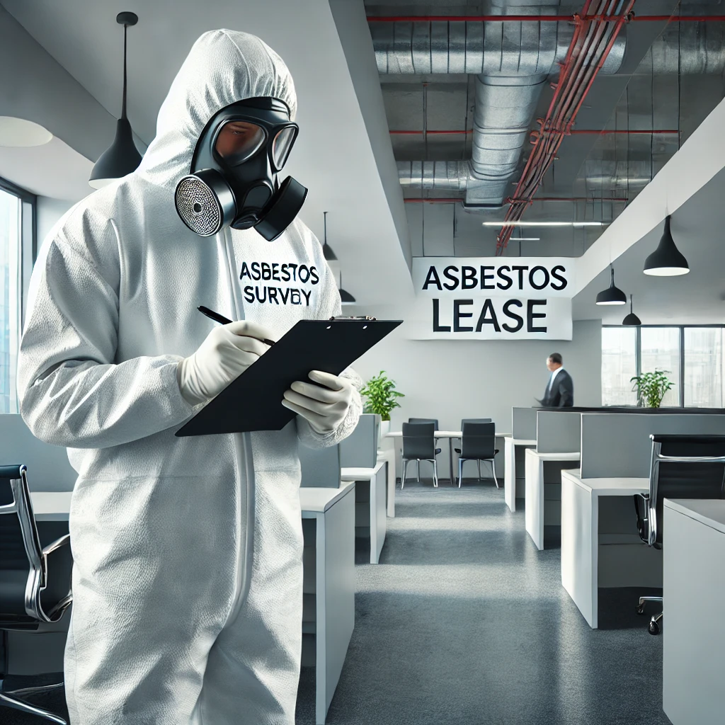 A professional conducting an asbestos survey in a modern commercial lease building. The surveyor is wearing protective gear, including gloves and hold