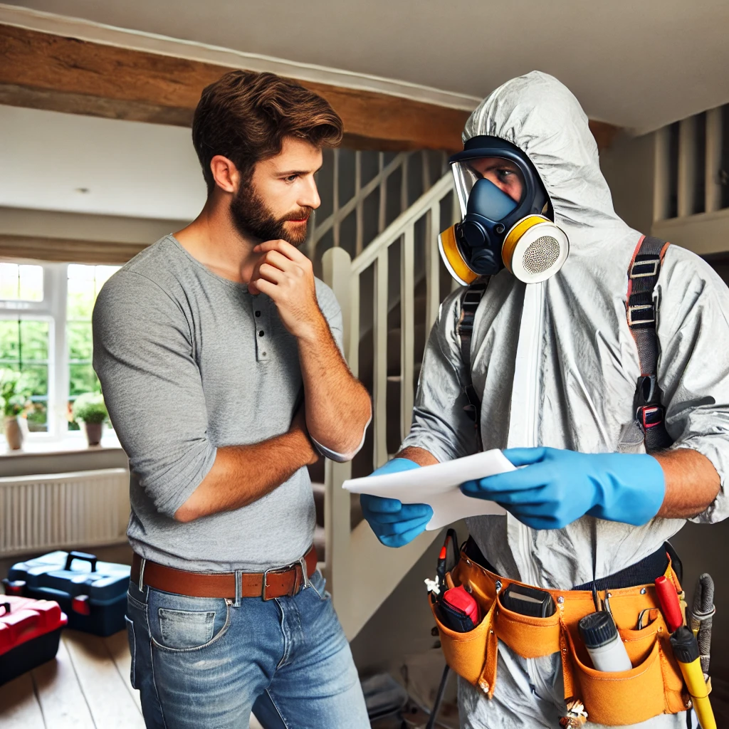 A professional building contractor consulting with an asbestos surveyor on a domestic property. The contractor is wearing casual work attire, and the