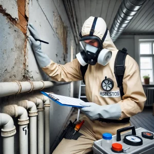 A professional asbestos surveyor conducting a detailed assessment of a building for asbestos. The scene shows the surveyor wearing protective gear, in